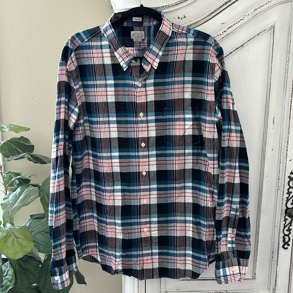 J Crew mens XL summer plaid shirt tailored slim fit blue long sleeve button down